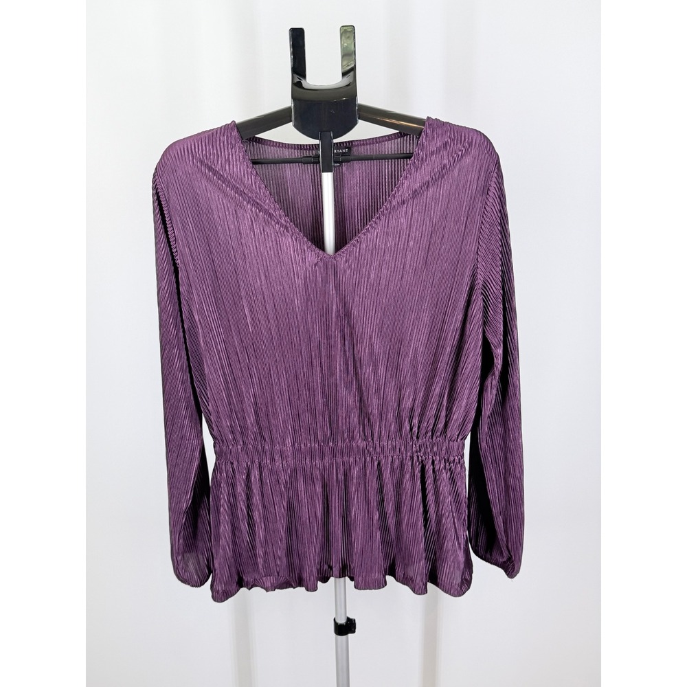 Lane Bryant Plum Purple Micro Pleated Peplum Top V-Neck Long Sleeve 14/16